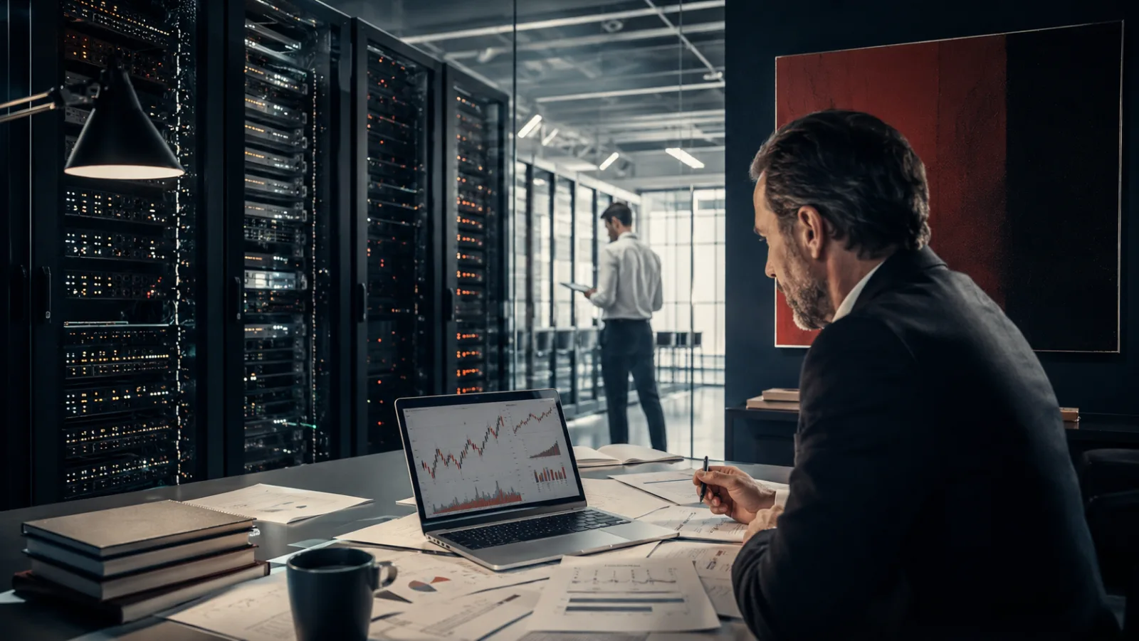 Dirigeant analysant des courbes de coûts devant des baies de serveurs en salle informatique